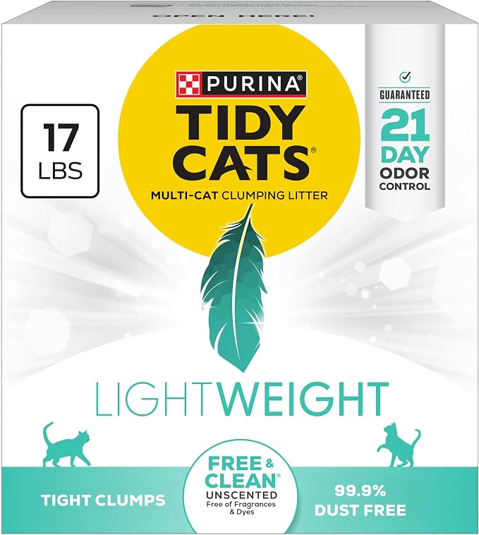 Purina Tidy Cats Low Dust Clumping Cat Litter, LightWeight Free & Clean Unscented, Multi Cat Litter - 17 lb. Box | Unscented, charcoal-powered formula offers 21-day odor control and tight, dust-free clumping.