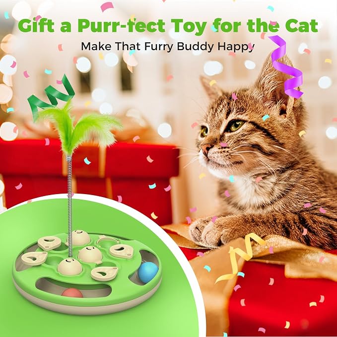 Cat Puzzle Feeder, 3 in 1 Interactive Cat Treat Puzzle Toy with Track Balls, Feather Teaser & Slow Feeder Insert, Non-Slip Base, Level 3 Mental Stimulation Enrichment Toy for Bored Indoor Cats