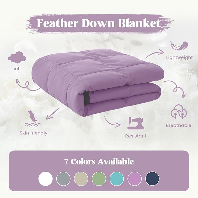 puredown® Soft Feather Down Blanket Lightweight Packable Down & Feather Fill Blanket for Indoor and Outdoor Use, King Size Blankets, 88"X108", Lavender