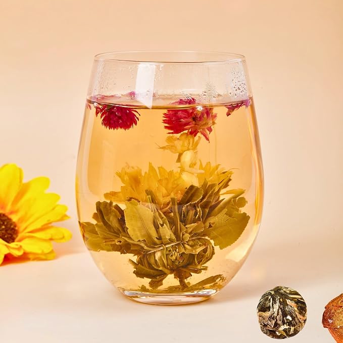12 Assorted Blooming Flower Tea Balls Gift Set for Christmas| Handmade Herbal Flowering Tea Balls Variety Individual Packing| Blooming Green Teas with Flowers for Teas Lovers, Anniversary, Valentine, Birthday