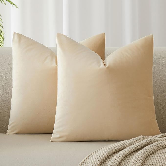 JUSPURBET 16x16 Decorative Velvet Throw Pillow Covers Cases Set of 2,Khaki | Modern Soft Cushion Covers with Hidden Zipper for Couch Sofa Bed Living Room Bedroom Home Decor
