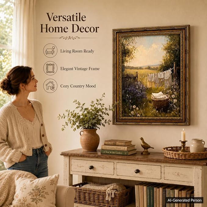Laundry Room Wall Art, Vintage Gold Framed Farmhouse Landscape, 16x24in | Retro cottagecore country landscape with carved gold frame for laundry room, washroom, bathroom, or farmhouse home decor