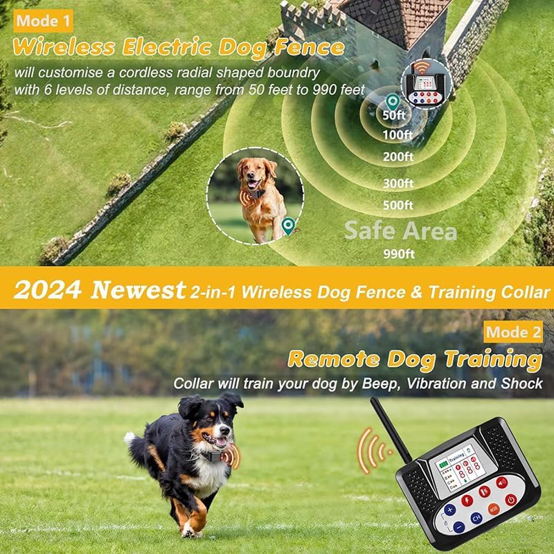 Wireless Dog Fence Electric Training Collar 2-in-1, Vibrate/Shock, Adjustable Warning Strength & Range, Pets Boundary Containment System with Waterproof Receiver for 1/2/3/4 Dogs,for3dogs