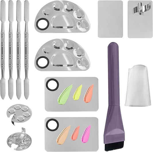 8Pcs Makeup Mixing Tray Makeup Palette with 4Pcs Makeup Spatula and a Makeup Brush, Stainless Steel Makeup Palette Mixing Tray Nail Art Foundation