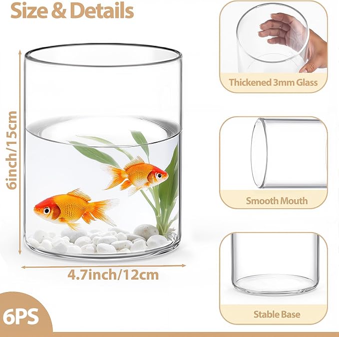 6pcs 6" x 4.7" Clear Glass Cylinder Vases for Centerpieces | Wide Mouth Flower Vases for Wedding & Home Decor, Hurricane Floating Candle Holders for Table, Includes 2 Floral Tapes