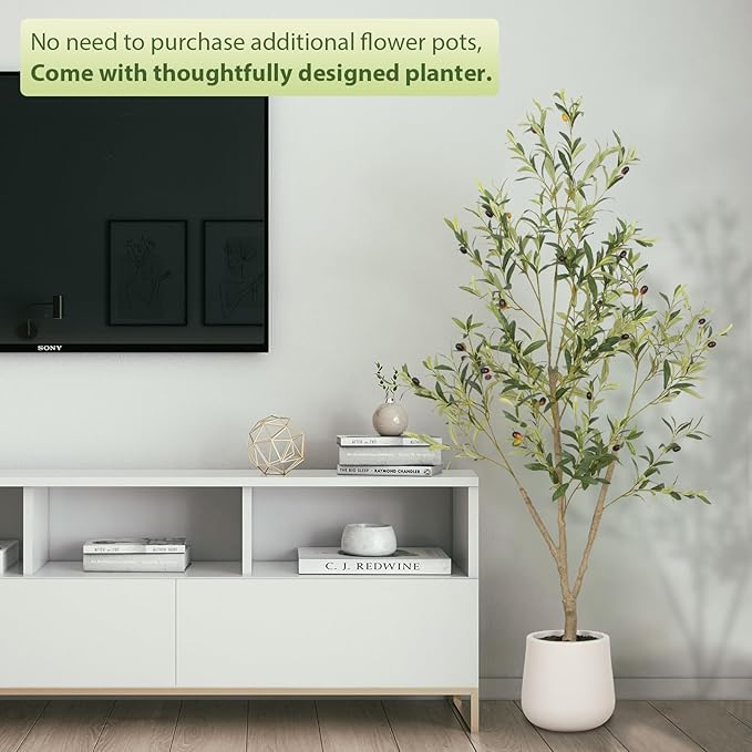 VIVATREES Olive Trees Artificial Indoor, 7FT Tall Faux Olive Tree with White Tall Planter, Artificial Plants with Natural Wood Trunk and Lifelike Fruits for Home Office Decor
