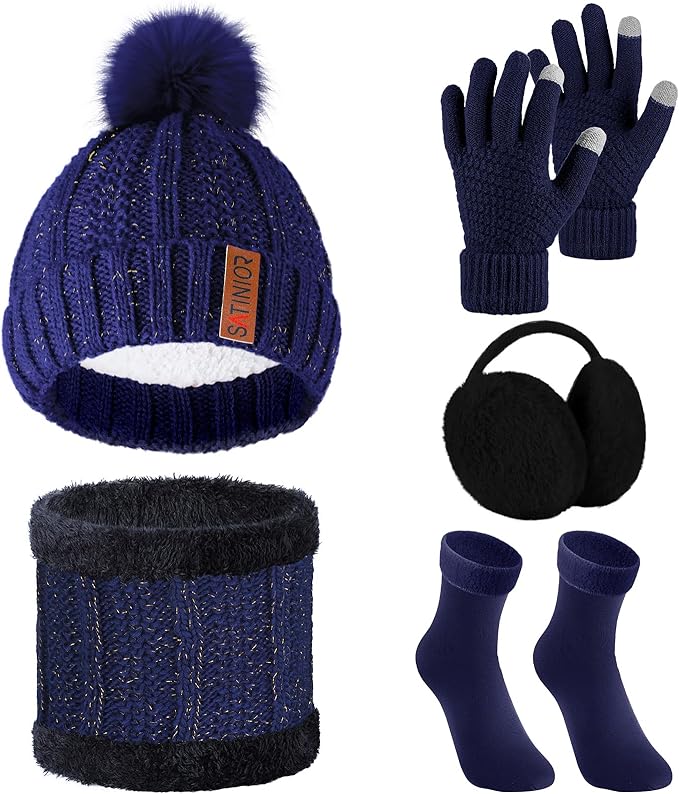 SATINIOR 5 Pcs Winter Hat Scarf Gloves Set Fleece Warm Lined Knit Beanie Hat Touch Screen Earmuff Gloves Warmer for Women(Navy Blue,Classic Style)