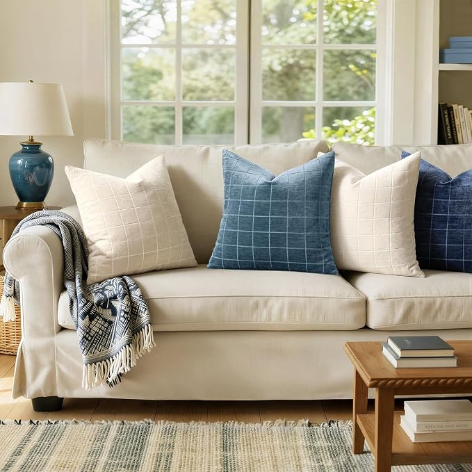 MIULEE Blue Plaid Decorative Throw Pillow Covers 20x20 Set of 2 | Vintage, Check Chenille Couch Pillows, Neutral Boho Farmhouse Cushion Covers, Modern Home Decor for Sofa Bed Living Room
