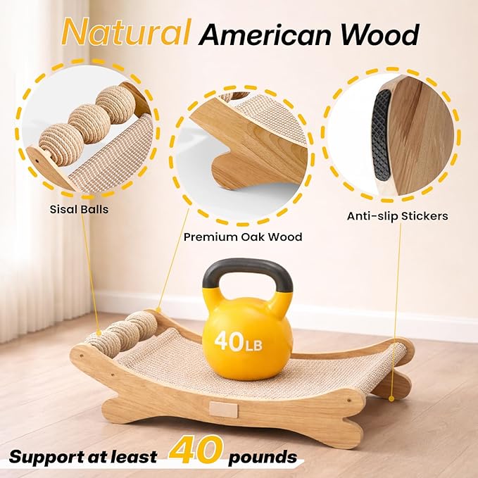 Sisal Cat Scratchers for Indoor Cats - 26.2" Large Cat Scratching Board, Wooden Cat Bed with Scratch Pad, Modern Cat Furniture for Lounging/Sofa Protector