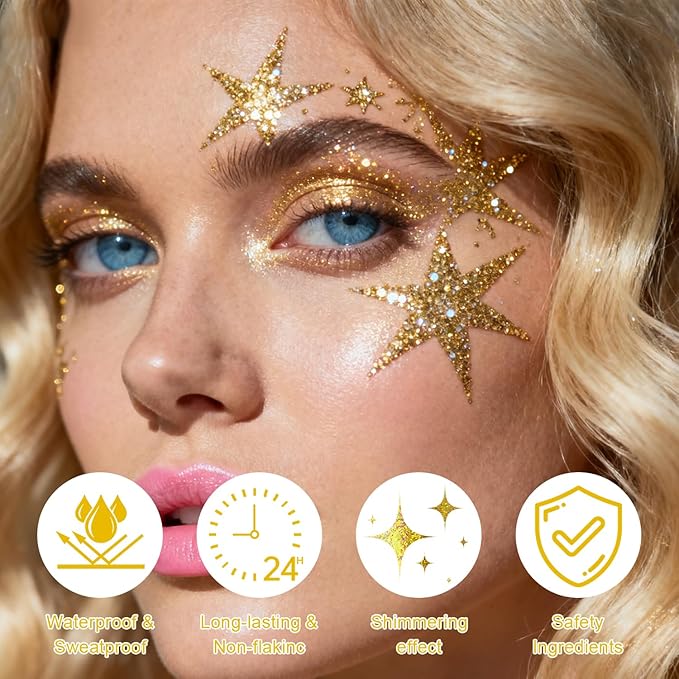 Roll-on Holographic Body Glitter Gel for Face and Hair, Chameleon Color Changing Glitter Gel Under Light, Chunky Mermaid Sequins Festival Party Rave Accessories Body Shimmer Makeup (Gold)