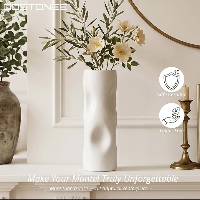 11 Inch Tall White Ceramic Vase – Modern Boho Geometric Home Decor for Living Room, Shelf & Coffee Table