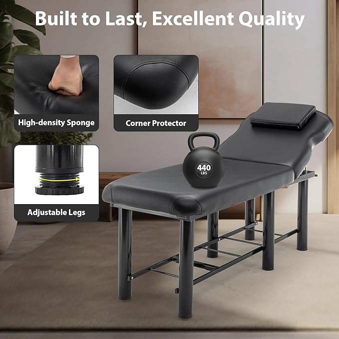 Professioanl Massage Table w/Adjustable Backrest for Treatment Table Spa Facial Bed Barber Beauty Equipment, Metal Frame PU Leather, Removable Headrest Salon Bed, Black