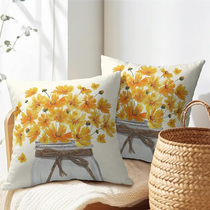 Kawani Yellow Floral Throw Pillow Covers 20x20 Set of 2 Watercolor Coreopsis Daisy Flowers Mason Jar Decorative Pillow Cases Cotton Linen Cushion Cover for Couch Sofa Outdoor Home Decor