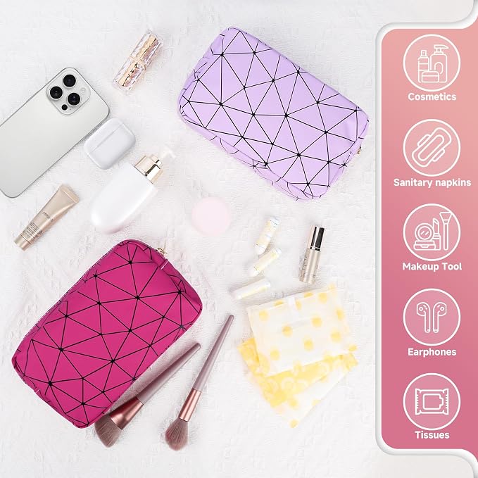 Tampon Holder for Purse Period Bag Waterproof Geometric PU Sanitary Napkin Storage Bag Portable Menstrual Cup Pad Pouch Cute Makeup Bag Feminine Gift Purple