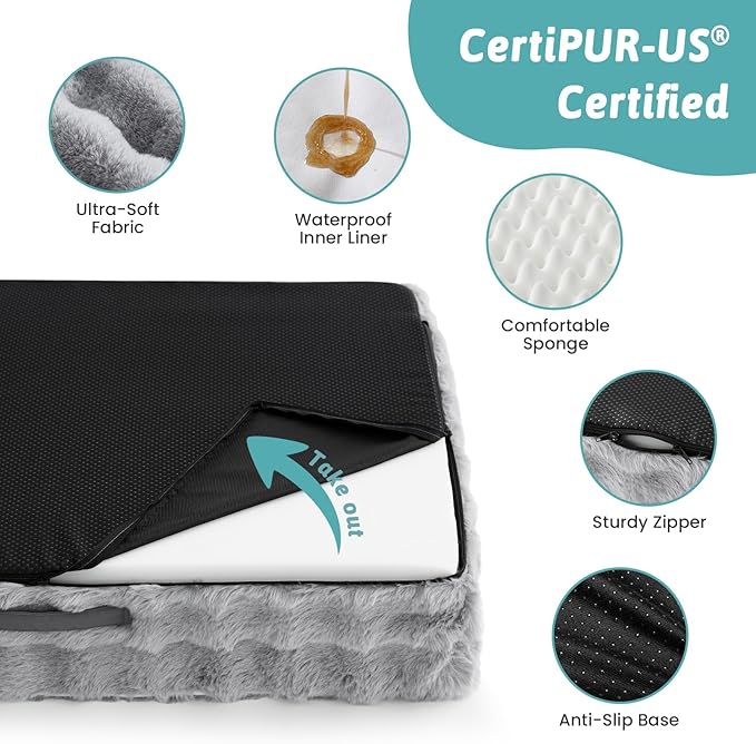 COZY KISS Faux Rabbit Fur Orthopedic Dog Bed, Dog Bed for Large Size, Supportive Foam Pet Sofa with Waterproof Lining Cover, Washable U-Shaped Pet Couch with Anti-Slip Bottom, Grey L 36x27x6.5 inch