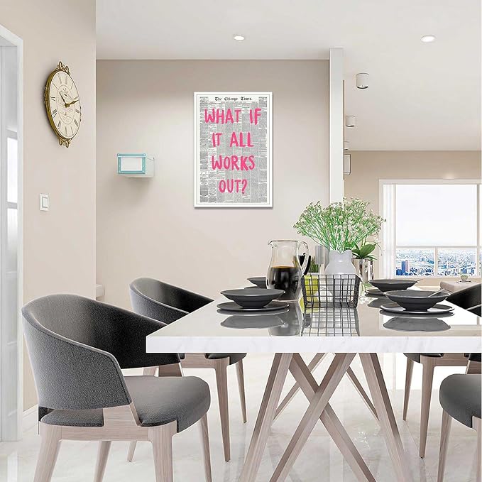 Drimiler What If It All Works Out Poster Retro Newspaper Pink Font Canvas Wall Art Positive Affirming Quote Minimalist Prints Painting For Home Bedroom Dorm Wall Decor 12x16in Unframed