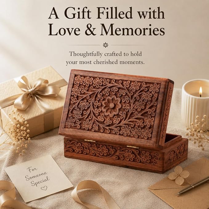 Ajuny Wooden Jewelry Box Hand Carved Flower Keepsake Chest - 8x5 Inch | Multipurpose organizer for necklaces, watches, rings and accessories; elegant birthday, wedding or anniversary present.