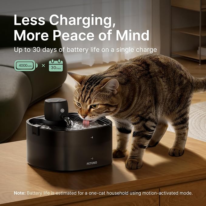 Cordless Cat Water Fountain, Battery Operated, Black, 78oz/2.3L | Wireless Cat Fountain Rechargeable 4000mAh, Motion Sensor, Ultra-Quiet Pump, Locking Lid, Automatic Pet Fountain