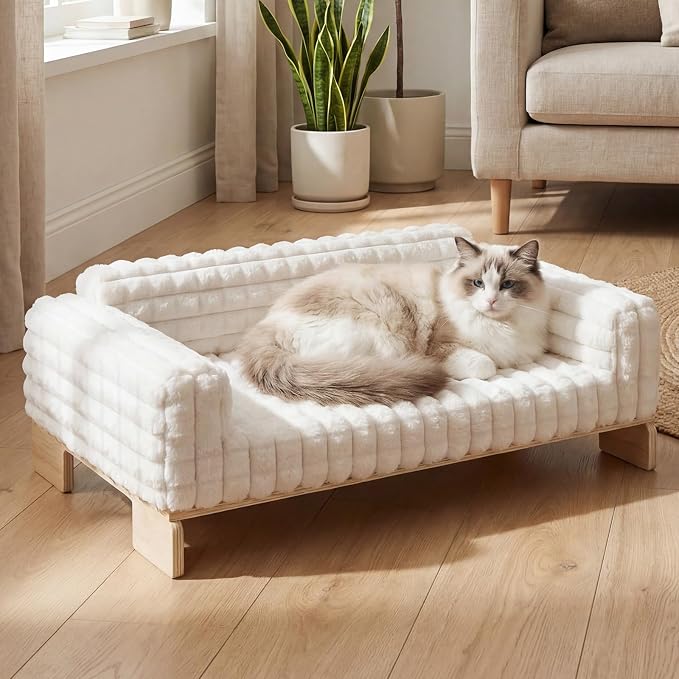 Veehoo Elevated Cat Bed Indoor, Wood Furniture Style Cat Couch Sofa | Indoor cats couch bed, removable washable cover, easy assembly, cozy fluffy cushion