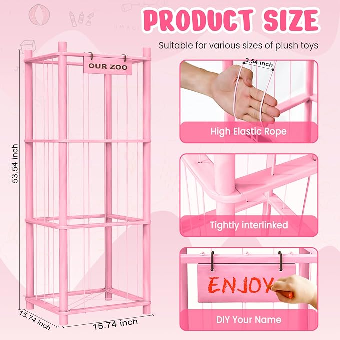 Woodure Stuffed Animal Storage & Organizer, Wooden Cute Zoo Toy Holder for Toddler Rooms, Playrooms & Bedrooms（Pink）