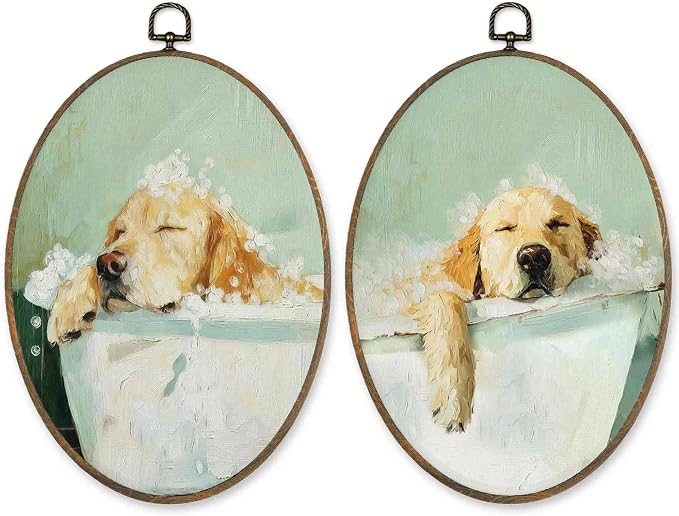 LKETW Funny Golden Retriever Bathroom Oval Wall Art Decor, Golden Retriever Gifts Oval Canvas Hanging Decor, Dog Sleeping in Bathtub Wall Decorations for Bathroom Washroom, 8.6x11.4 Inch Set of 2