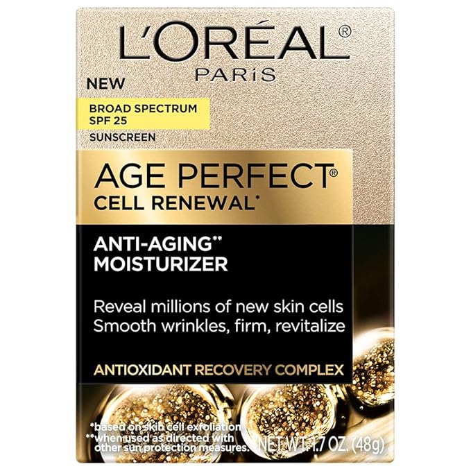 LOreal Paris Age Perfect Cell Renewal Anti-Aging Day Moisturizer with Broad Spectrum SPF 25 Sunscreen,Antioxidants,and Vitamin E 1.7oz,(Pack of 2)