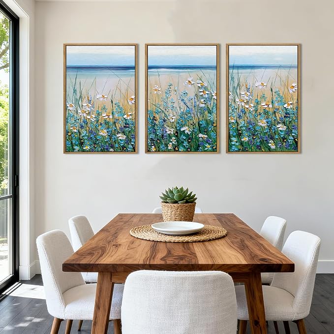 Blue Seaside Cyan Floral Wall Decor Wildflower Canvas Painting Framed Floral Prints Decor for Living Room Bedroom 16x24 Inch Set of 3