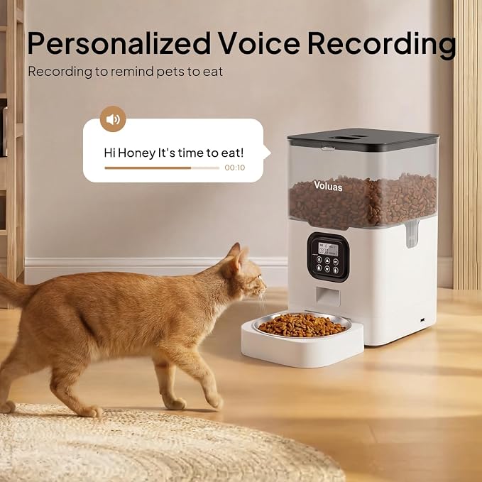 VOLUAS Automatic Cat Feeder, 6L Timed Dry Food Dispenser for Cats & Dogs | Programmable Portion Control, Up to 4 Meals Daily, Dual Power Supply, Power-Off Memory, 10-Second Voice Recorder