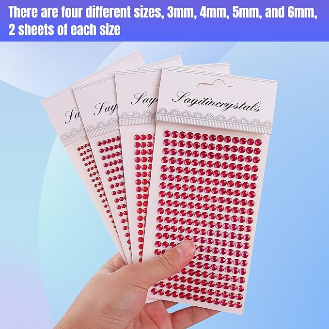 8 Sheets Rhinestone Stickers，3584 Pcs Gem Stickers for DIY Face Eyes Makeup Hair（Rose Red-3/4/5/6mm）