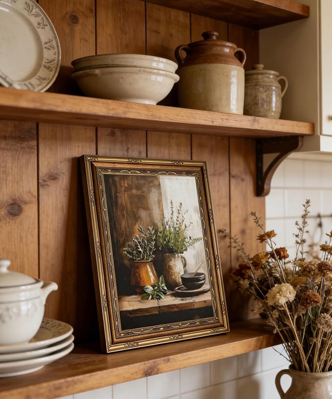 Gold Framed Wall Art Vintage Kitchen Herbs Wall Art Rustic Farmhouse Kitchen Still Life Wall Decor Picture Moody Country Cottage Botanical Poster Print for Dining Room 12x16in