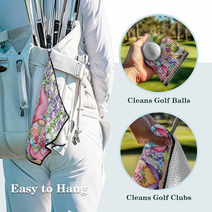 Blue Purple Gnomes Golf Towel with Clip, Spring Hydrangea Flower Leaf Green Plaid Large Microfiber Women Men Sports Work Out Disc Golf Bag Towel for Yoga, Gym, Fitness, Swimming Towels Accessory