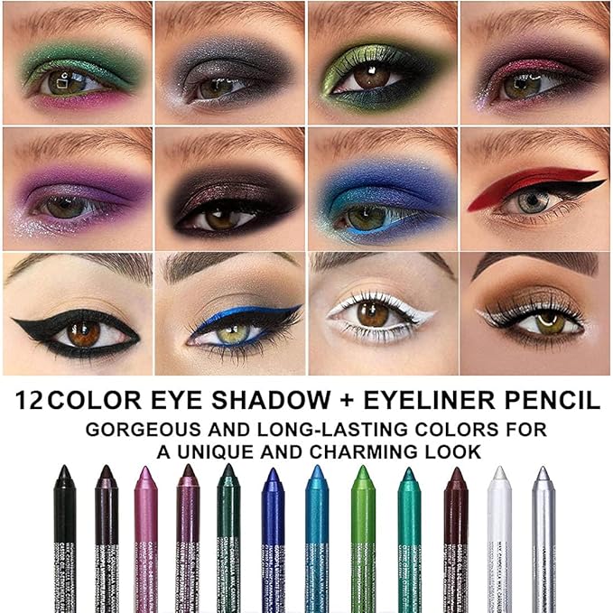 evpct 6Pcs White Glitter Eyeliner Pencils Set delineadores de colores para ojos lapiz negro a prueba de agua Black Silver Blue Red Brown Metallic Colorful Liquid Eye Liners Waterproof