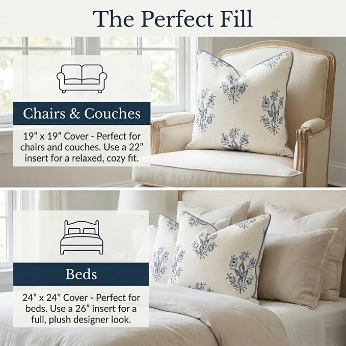 “The Mary” Periwinkle Floral Block Print Pillow Cover – Blue and White Decorative Throw Pillow Cover – Grandmillennial Home Decor, 24" x 24"