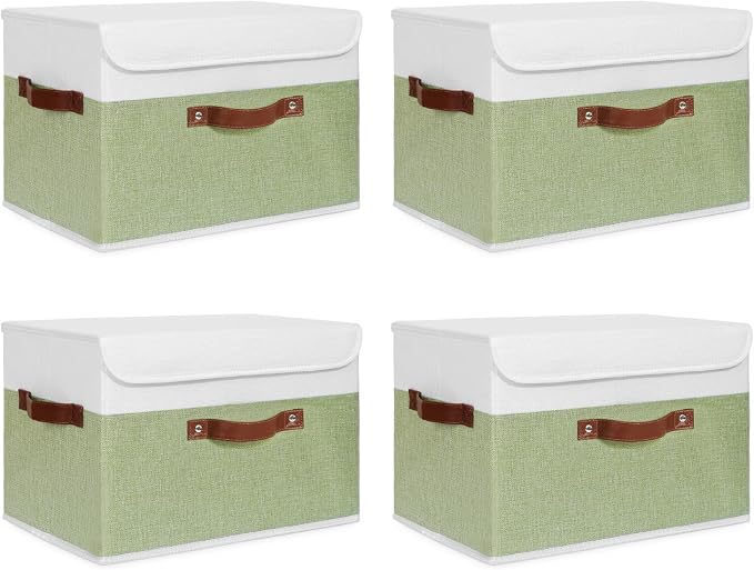 ANMINY Fabric Storage Box Bins with Lids, Green White, 15"x10"x10", 4 Pack | Keepsake Memory Storage, Cotton Linen, PP Board Reinforced, Washable, PU Handles, Foldable & Stackable, Decorative, Large
