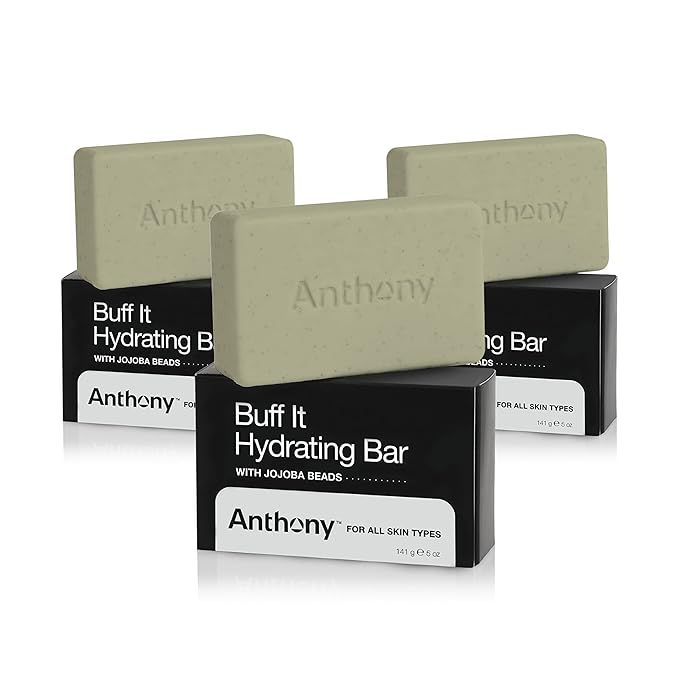 Anthony Men's Buff It Hydrating Soap Bar, 5 Oz, Pack of 3 - Contains Jojoba Beads, Aloe Extract, Avocado & Coconut Oils for Hydrating & Nourishing Body Skin