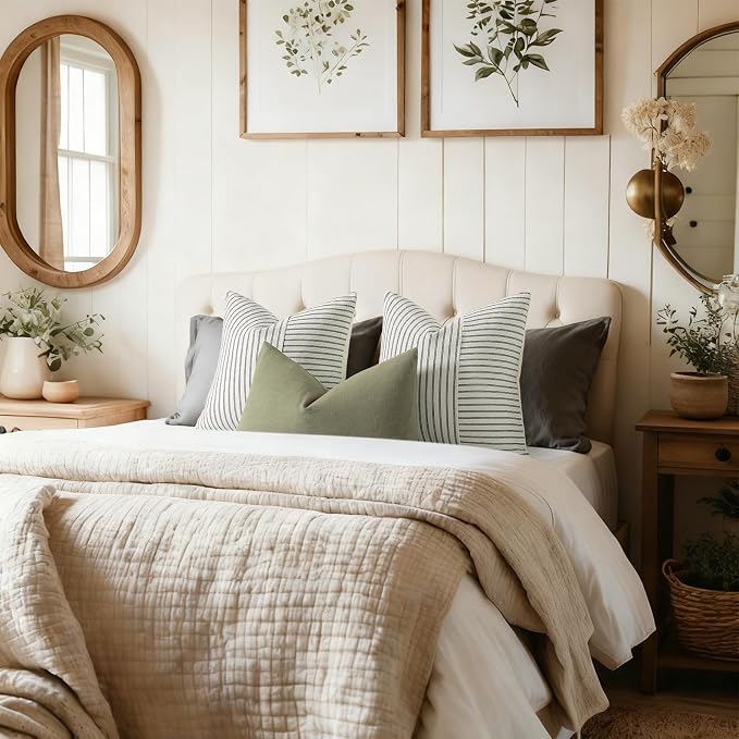 YCOLL Farmhouse Pillow Covers 16x16, Modern Accent Square Throw Pillow Covers Set of 2, Olive Green and Beige Striped Patchwork Linen Decorative Cushion Covers for Couch Chair Bedroom Home Decor