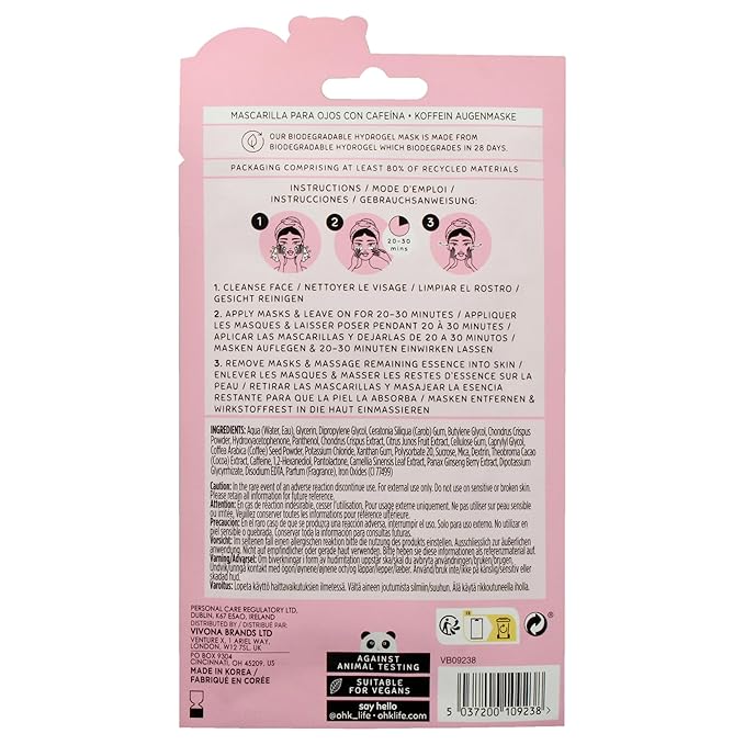 Oh K! Eye Mask - Caffeine - Hydrating Under Eye Patches for Dark Circles - Hydrogel Mask with Yuzu, Ginseng - Undereye Patches for Puffiness - 1 Pair (Pack of 2)