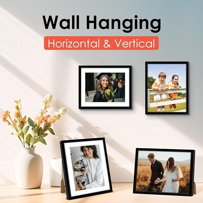 8x10 Picture Frame Set of 6, Black Photo Frames Bulk with HD Plexiglass, Display Pictures 5x7 with Mat or 8x10 Without Mat, Multi Picture Frames Collage for Tabletop or Wall Display