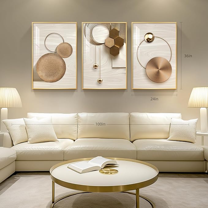 Large Framed Modern Luxury Gold Wall Art for Living Room, 3 Piece 24x36 In | Bright style art prints, Golden geometric pictures, Crystal coating wall art, Fade resistance prints for bedroom dining room