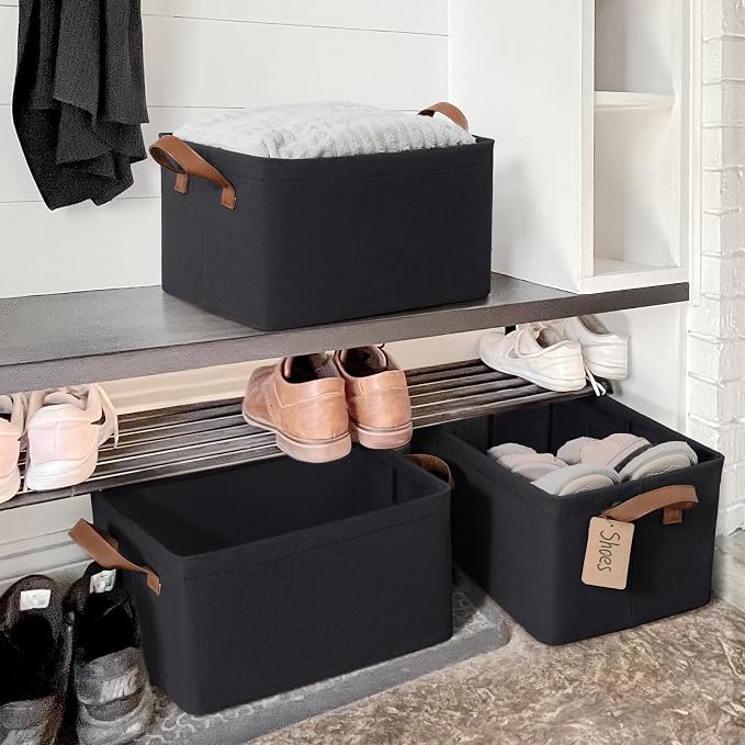 CHICVITA 30L Large Fabric Storage Baskets for Shelves, 2-Pack, Black | 16 ¾" L x 11" W x 9 ¾" H, Metal Frame, Leather Handles, Clothes, Toys & Towels Storage, Closet & Living Room Organization