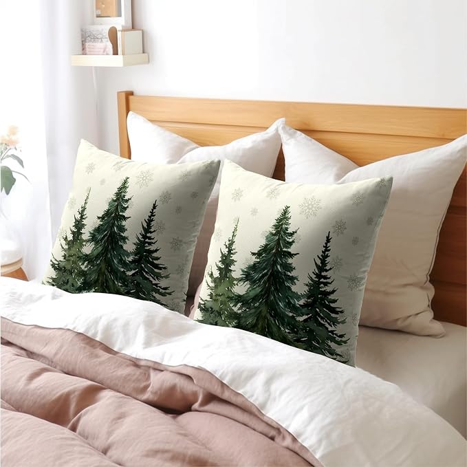 Kawani Winter Forest Throw Pillow Covers 18x18 Inches, Set of 2 Xmas Snow Green Pine Trees Cotton Linen Pillow Protectors Cushion Case for Seasonal Farmhouse Sofa Couch Bed Home Decor