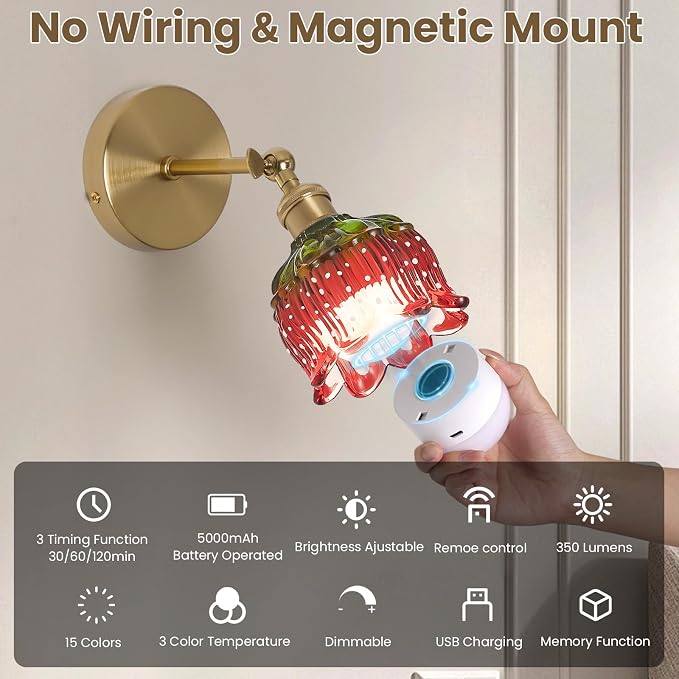 Vintage Battery Operated Wall Sconce:Set of 2 Rechargeable Strawberry Light | 5000mAh Flower Glass Cordless Mounted Lighting, Wireless Dimmable Powered Gold Sconces, Remote Control, Bedroom Bedside Decor