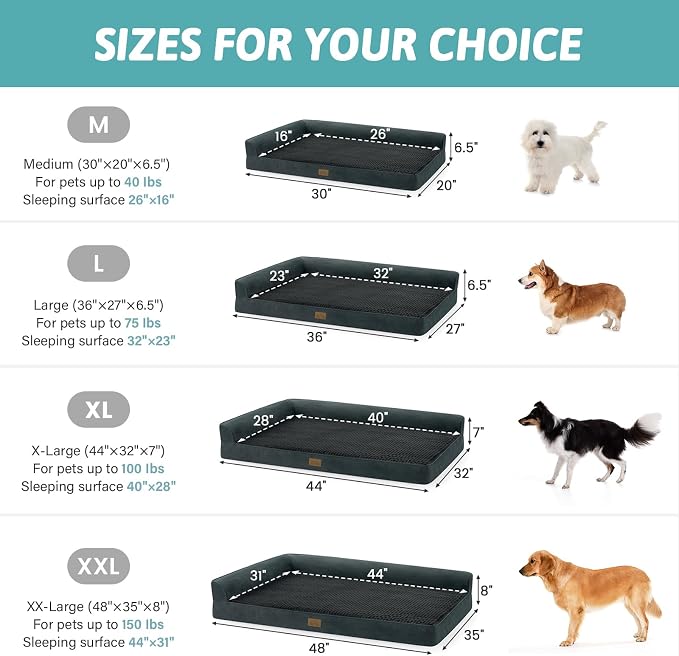 COZY KISS Orthopedic Dog Bed for Extra Large Dogs, L Shaped XXL 48x35 inch | Non-Slip Bottom Soft Pet Sofa with Washable Removable Waterproof Cover, Egg-Crate Foam Couch with Portable Handle, Black