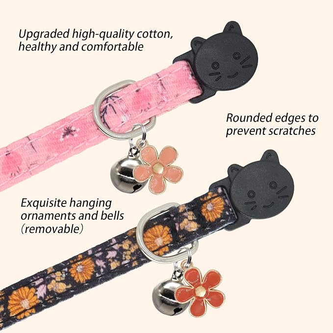 Cat Collar Breakaway, 2 Pack Cotton Kitten Collars with Bells and Removable Charms, Cute Flowers Shaped for Indoor Boy, Girl and Adult Cats