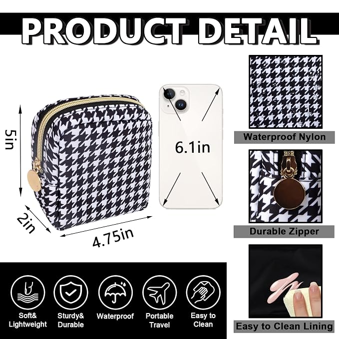 UIXIZQ Mini Makeup Pouch for Purse， Small Cosmetic Bag Pouch Nylon Travel Toiletry Organizers for Women Girls, Cute Storage Zipper Pouch Coin Purse for School Work Camping(Mini-Houndstooth)