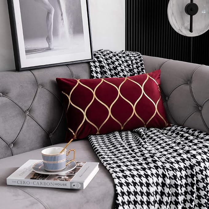 Gold Velvet Throw Pillow Covers: 2 Pack 12x20 Inch Rectangular Decorative Pillow Cases for Bedroom Sofa Couch Living Room, Christmas Burgundy Red