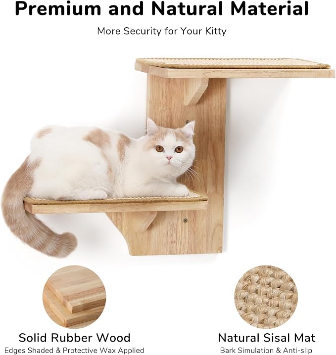 FUKUMARU Cat Wall Shelves, 2 Platform Kitten Wall Furniture, Tree Shape Wall-Mounted Floating Shelf with Sisal Mat, Solid Rubber Wood Cats Perch for 16 Inch Drywall, Suitable for Climb, Play, Nap | Floating Shelf Kitten Furniture, Solid Rubber Wood Cat...