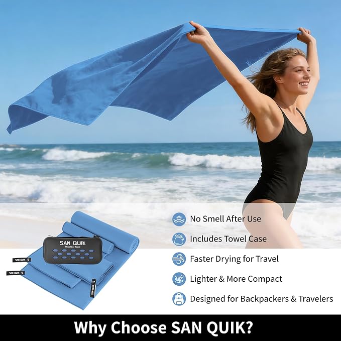 Quick Dry Camping Towel with EVA Case, Microfiber Travel Towel 3 Size at 1 Pack, Super Absorbent Lightweight Fast Drying Towel Set for Beach, Gym, Sports, Backpacking, Yoga & Swimming Pool, Blue