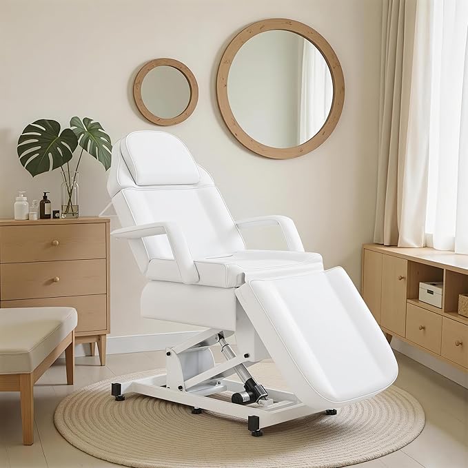BarberPub Fully Electric Facial Bed with 3 Motor for Esthetician, Electric Tattoo Chair for Client, Facial Bed for Esthetician, Electric Adjustment 2751 (White, Height (Flat): 24"–33")