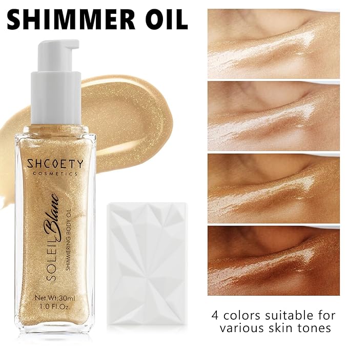 Shimmer Body Oil with Vitamin E, Body Glow Oil for Women, Long Lasting Waterproof & Moisturize for All Skin, Liquid Highlighter Makeup with Brush, Travel Size for Date, Wedding, Party, Light Gold